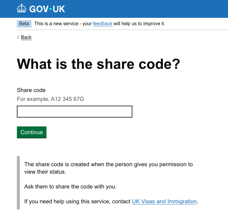 GOV.UK Right to Work check service — share code entry screen showing the "What is the share code?" form with an example format (A12 345 67G)