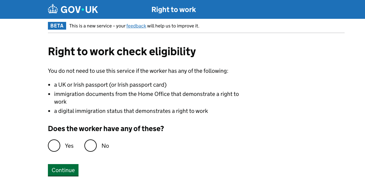 GOV.UK Right to Work check service — eligibility screen listing documents that don't require the online service (UK/Irish passport, Home Office immigration documents, digital immigration status)